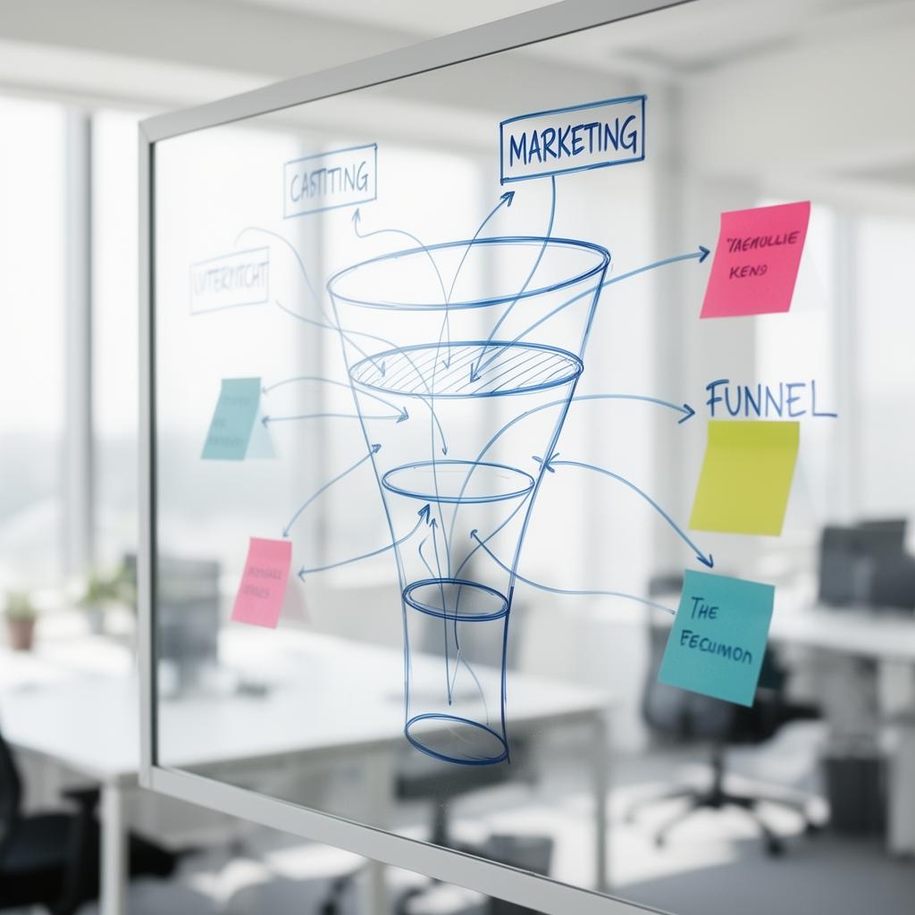 Whiteboard met marketingfunnel en flow van data en content
